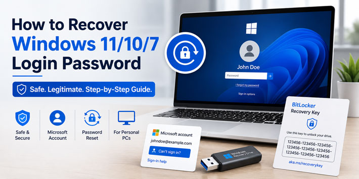 Windows 11, 10 and 7 login password recovery guide with Microsoft account, reset, USB recovery drive and BitLocker key options