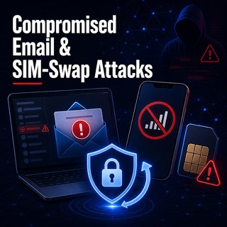 Compromised email and SIM-swap warning showing an inbox alert, lost mobile service, SIM card threat and account protection