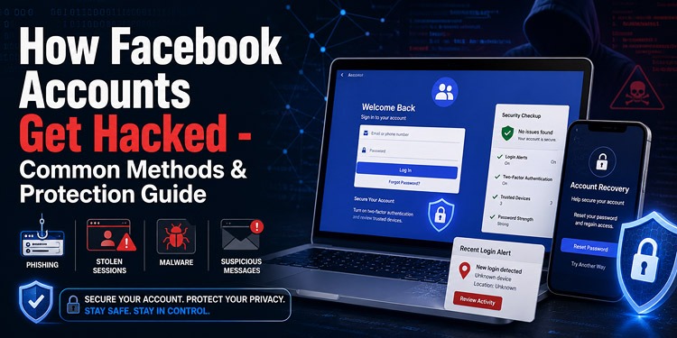Facebook account security guide showing phishing, malware, stolen sessions, login alerts, account recovery and protection methods
