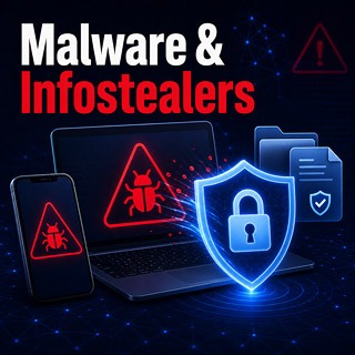 Malware and infostealer warning showing a laptop, malicious bug symbols, protected files and a security shield blocking threats