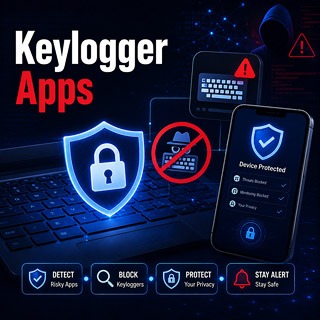 Authorized device monitoring warning showing a protected keyboard and smartphone with a cybersecurity shield