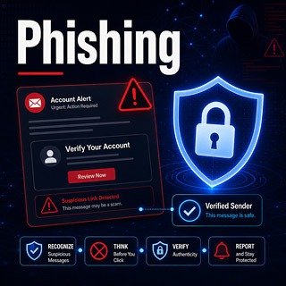 Phishing warning showing a suspicious account email, fake verification request, security alert and protective shield