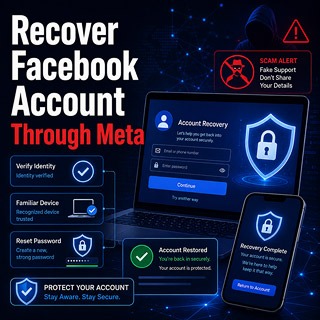Facebook account recovery illustration showing identity verification, a familiar device, password reset and restored account protection