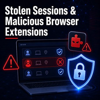 Stolen session and malicious browser extension warning showing an unfamiliar login blocked by an account security shield