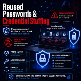 Reused password and credential stuffing warning showing duplicated account locks, blocked login attempts and password protection