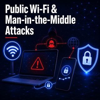 Public Wi-Fi and man-in-the-middle attack warning showing an insecure network, protected devices and encrypted connection symbols