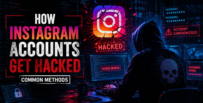 Hooded hacker at computer screens beside a cracked Instagram logo illustrating common ways Instagram accounts get hacked