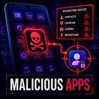 Malicious mobile app requesting access to contacts, location, camera and microphone