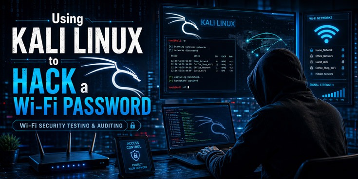 Cybersecurity researcher using Kali Linux to audit Wi-Fi password security on an authorized wireless network